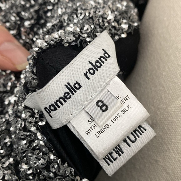 Pamella Roland Silk & Sequin Gunmetal & Black Draped Open Back Dress size 8 - Picture 14 of 16